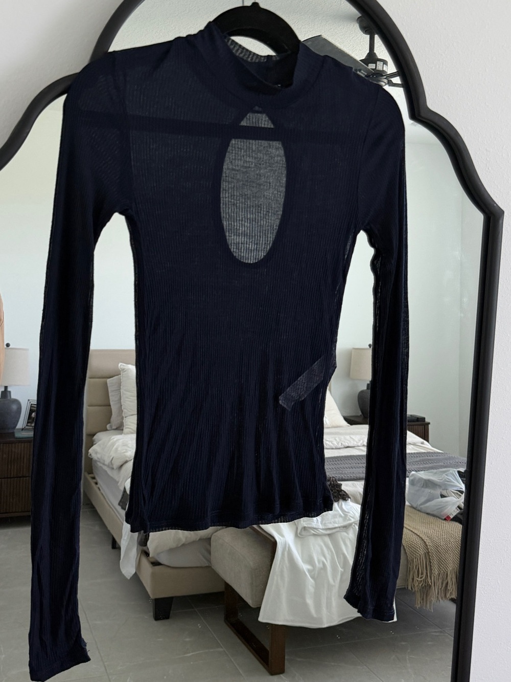 Zara NAVY Long-Sleeve Sheer Ribbed Top ( Back of top has Keyhole detail)